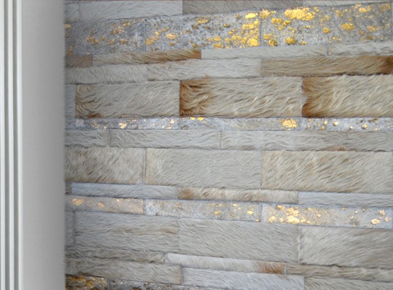 Metallic Hide Wall Panel - Gold on Beige Stripes