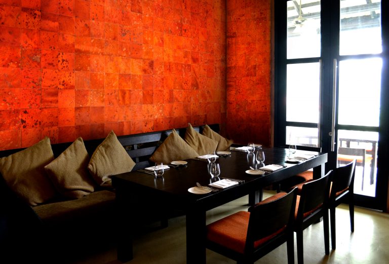 Hair on Hide Interior Wall Covering Applications in Dyed Orange Devore design